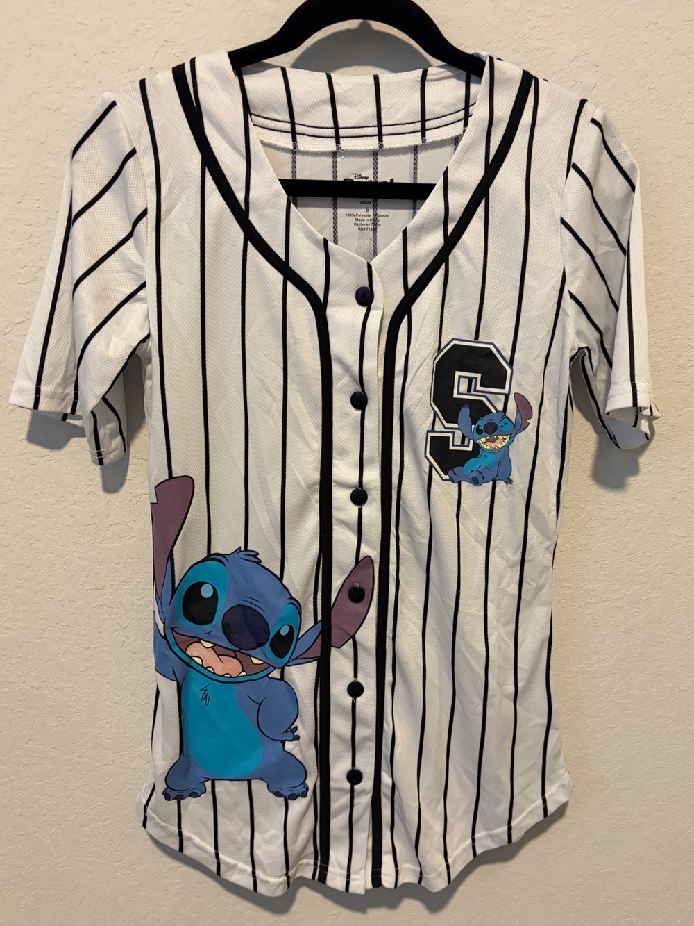 Disney Stitch Ohana 02 Pinstripe Baseball Jersey Women's Small Button-Up